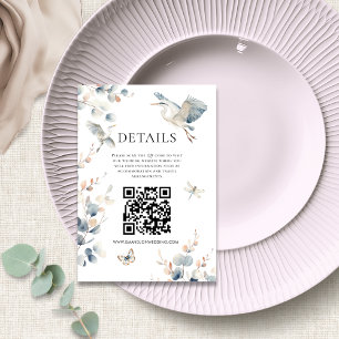 Eleganter Blue Heron QR Code Wedding Details Begleitkarte