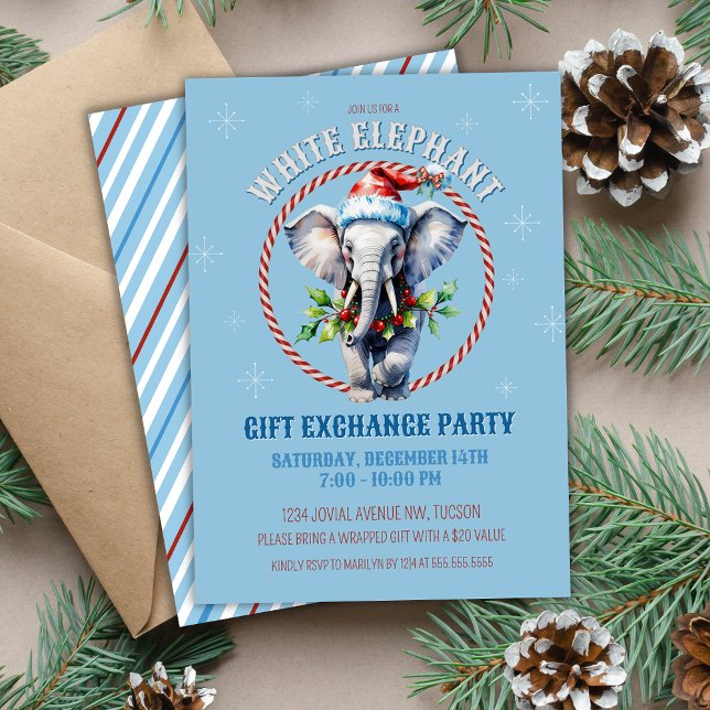 Eleganter Blue Holiday White Elephant Gift Exchang Einladung (Light Baby Blue White Elephant Christmas party gift exchange party invitations with holly and candy)