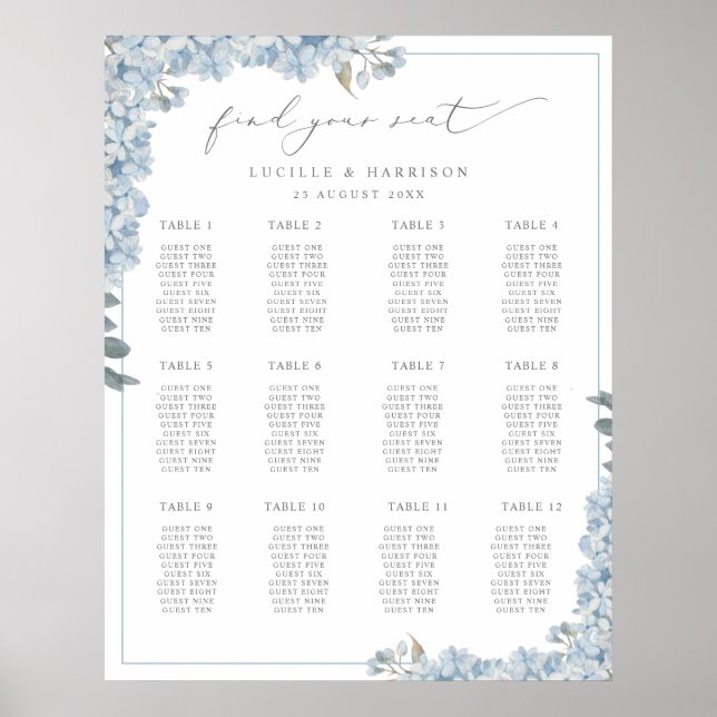 Eleganter Blue Hydrangeas Hochzeitsplan Poster (Vorne)