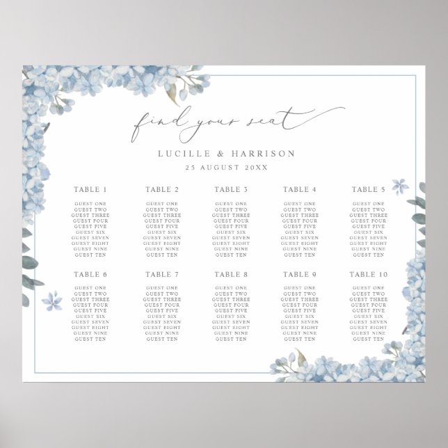 Eleganter Blue Hydrangeas Hochzeitsplan Poster (Vorne)