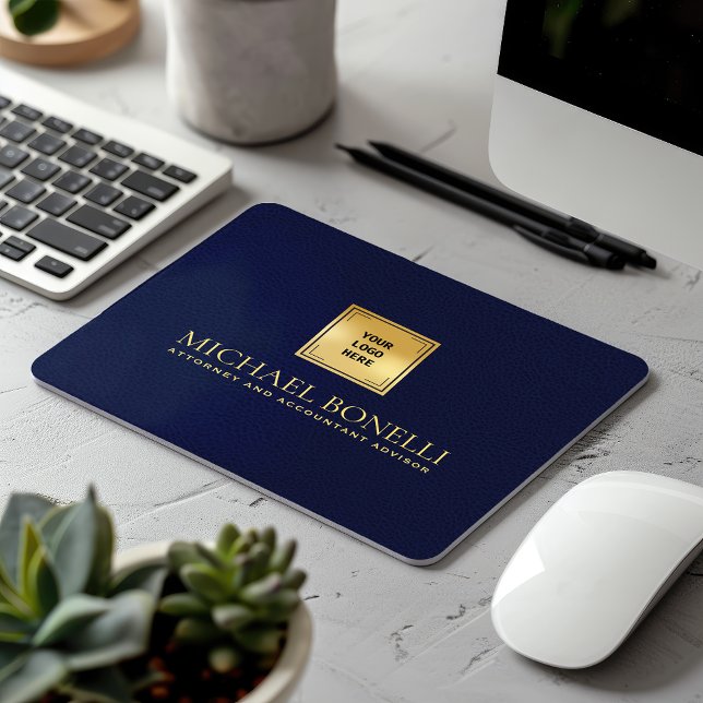 Eleganter Blue Leather Luxury Gold Logo NAME Mousepad (Von Creator hochgeladen)