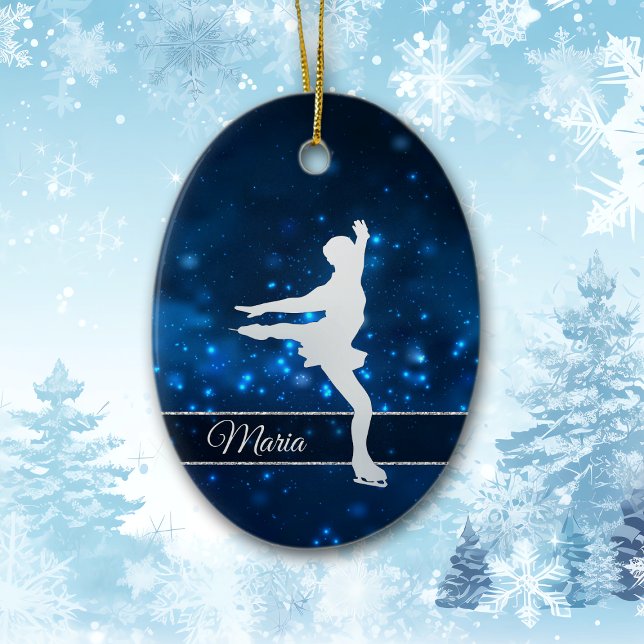Eleganter Blue Lights Silver Ice Skater Keramik Ornament (Von Creator hochgeladen)