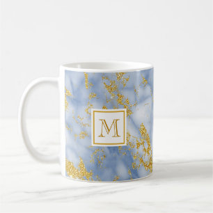 Eleganter Blue Marble Monogram Imitate Gold Glitze Kaffeetasse