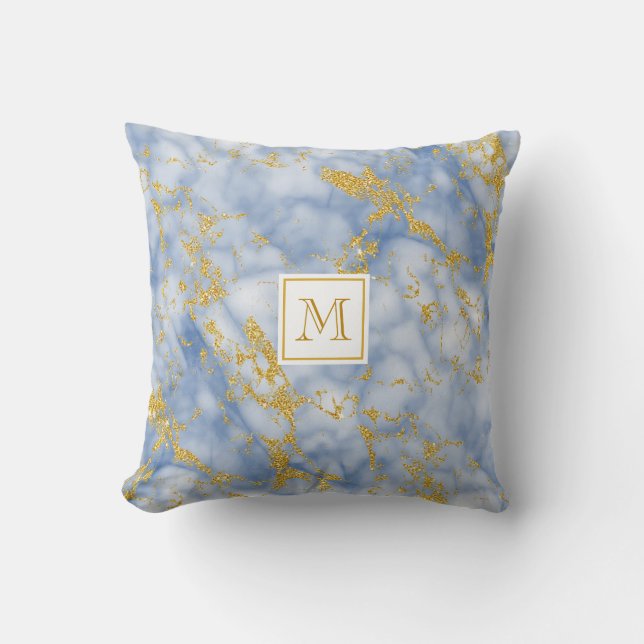 Eleganter Blue Marble Monogram Imitate Gold Glitze Kissen (Vorderseite)
