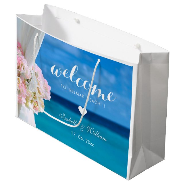Eleganter Blue Ocean Beach Hochzeit Große Geschenktüte (Vorderseite Schrägansicht)