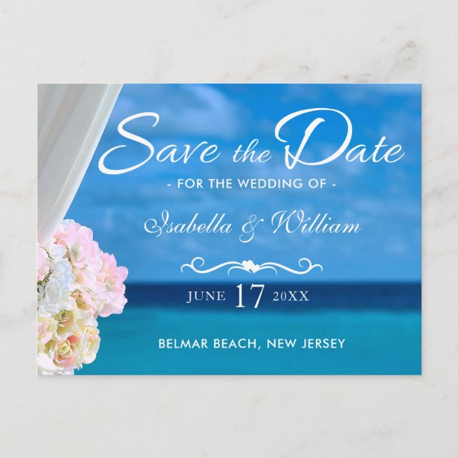 Eleganter Blue Ocean Beach Summer Save the Date Ankündigungspostkarte (Vorderseite)