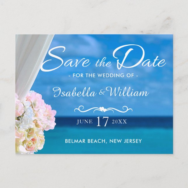 Eleganter Blue Ocean Beach Summer Save the Date Ankündigungspostkarte (Vorderseite)