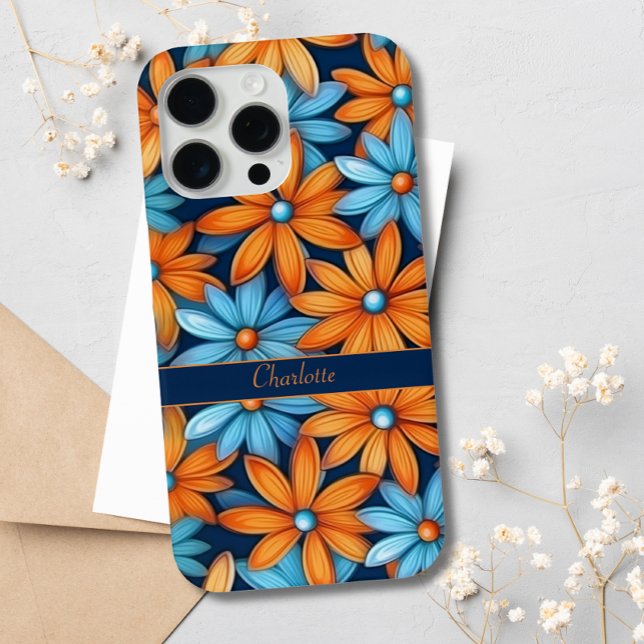 Eleganter Blue Orange Floral Daisies Individuelle  Case-Mate iPhone Hülle (Von Creator hochgeladen)