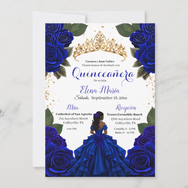 Eleganter Blue Quinceñera Rose Gold Glitzer Einladung (Vorderseite)