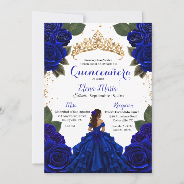 Eleganter Blue Quinceñera Rose Gold Glitzer Einladung (Vorderseite)