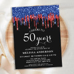 Eleganter Blue Red Black Glitzer Tropfen 50. Gebur Einladungspostkarte<br><div class="desc">Laden Sie Freunde und Familie zu Ihrer Geburtstagsfeier mit diesen eleganten Tropfen in Blau, Silber und Schwarz ein. 50. Geburtstagsfeier und Party. Diese elegante Weihnachtseinladung enthält "Cheers to 50 Years", personalisieren Jahre für 30, 40, 60, 70, 80, 90 oder jedes Alter. Dieses blaue und schwarze Glitzer-Design eignet sich perfekt für...</div>
