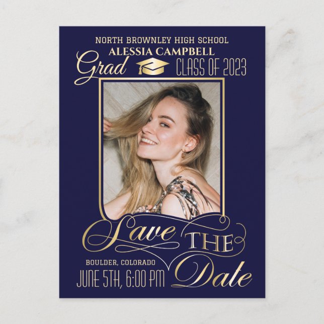 Eleganter Blue Save the Date Abschluss Postkarte (Vorderseite)