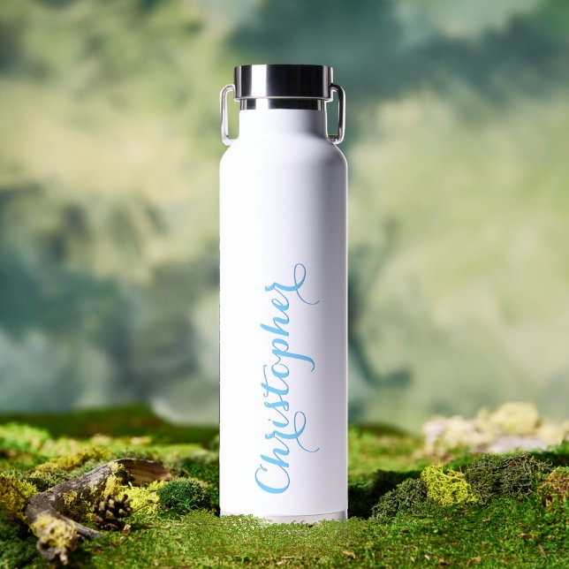 Eleganter Blue Script Individuelle Name Mit Monogr Trinkflasche (Elegant Blue Script Custom Name Monogrammed White Water Bottle)
