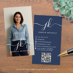 Eleganter Blue Script Monogram Logo Foto QR Code Visitenkarte