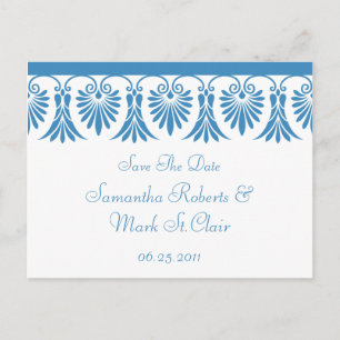 Eleganter Blue Scroll Save the Date auf Weiß Ankündigungspostkarte