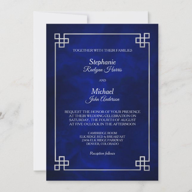 Eleganter Blue Silver Frame Wedding Einladung (Vorderseite)