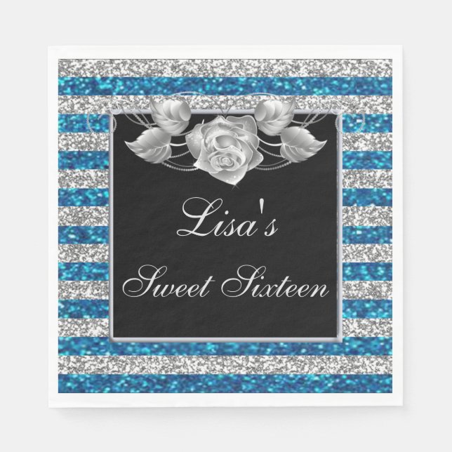 Eleganter Blue Silver Glitzer Silver Rose Sweet 16 Serviette (Vorderseite)