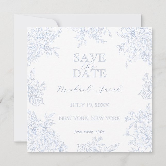 Eleganter Blue Toile Floral Square Save the Date Einladung (Vorderseite)