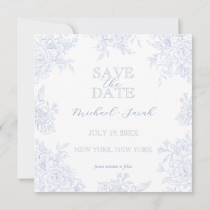 Eleganter Blue Toile Floral Square Save the Date Einladung