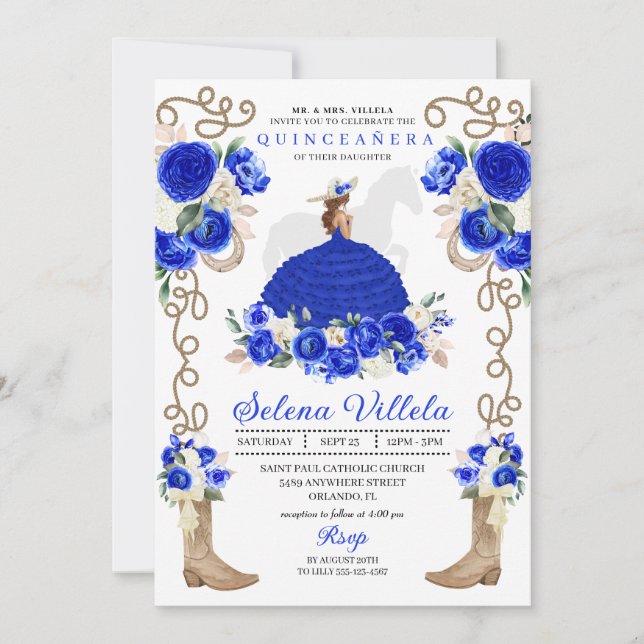 Eleganter Blue Western Charro Princess Quinceañera Einladung (Vorderseite)