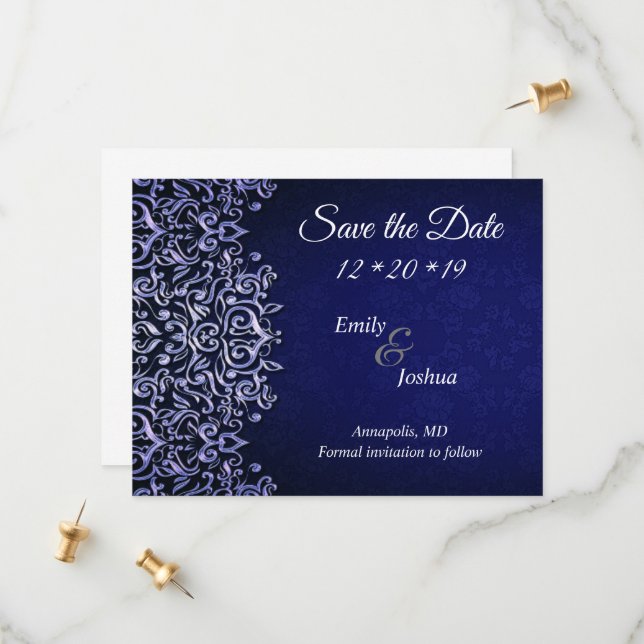 Eleganter Blue & White Damask | Hochzeit Save The Date (Vorderseite/Rückseite Beispiel)