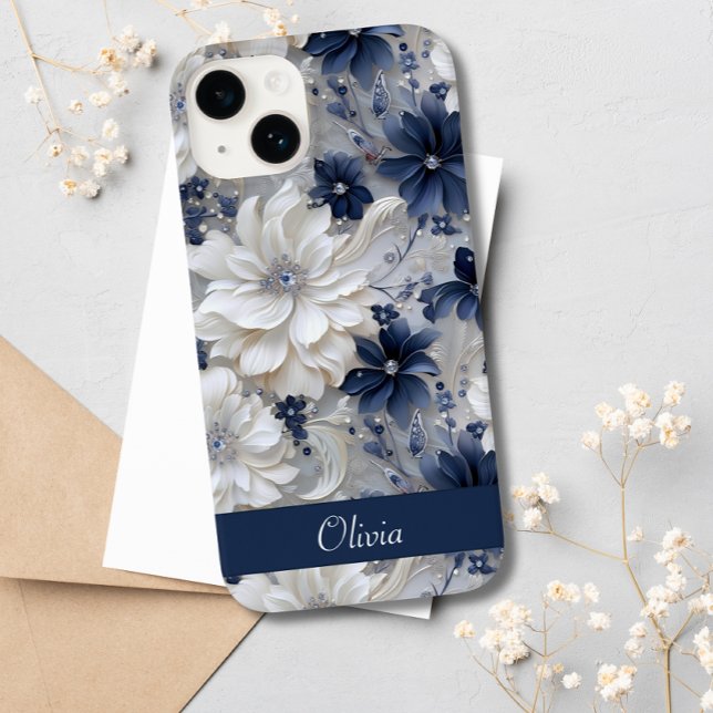 Eleganter Blue White Floral Chic Individuelle Name Case-Mate iPhone Hülle (Von Creator hochgeladen)