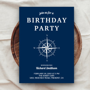 Eleganter Blue White Nautical Compass Geburtstag Einladung