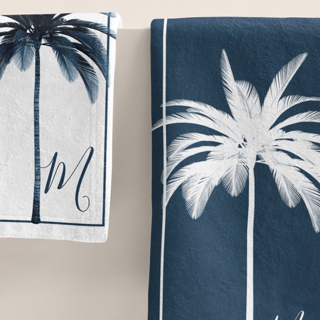 Eleganter Blue & White Palm Tree Monogram Bath Tow Badhandtuch Set (Von Creator hochgeladen)