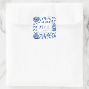 Eleganter Blue-White-Wedding Monogram-Gefallen Quadratischer Aufkleber