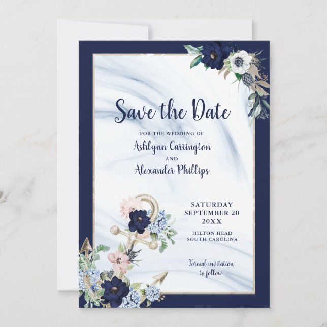 Eleganter, blühender Anker der Navy Blush Save The Date (Vorderseite)