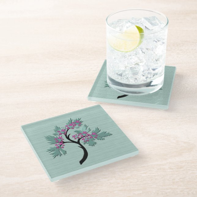 Eleganter blühender Baum Grün + Pflaume Glasuntersetzer (Schrägansicht)