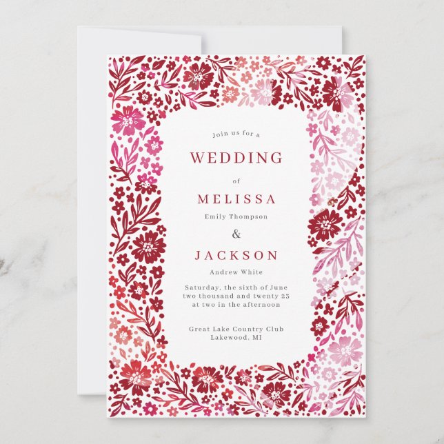 Eleganter blühender Rahmen Hochzeit Einladung Rot  (Vorderseite)
