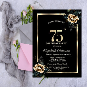Eleganter Blumen Gold Rahmen Schwarz 75. Geburtsta Einladung