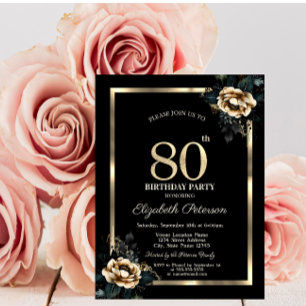 Eleganter Blumen Gold Rahmen Schwarz 80. Geburtsta Einladung