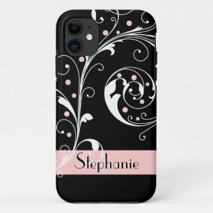 Eleganter Blumenblätterblättriger schwarzrosa blüh iPhone 11 Hülle