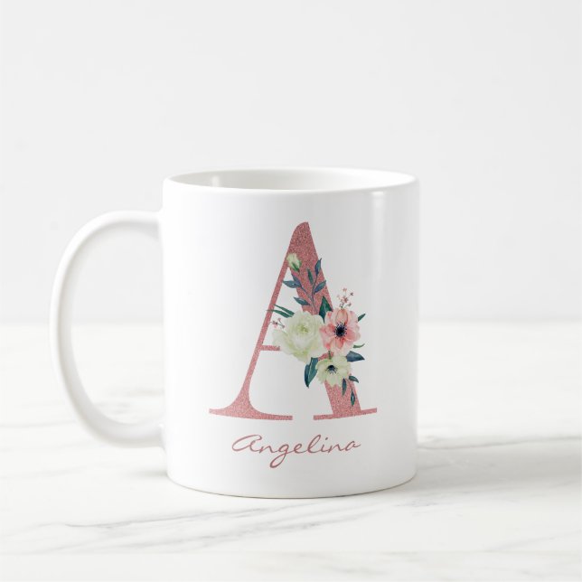 Eleganter Blumenbrief A Pink und Ivory Bouquet Kaffeetasse (Links)