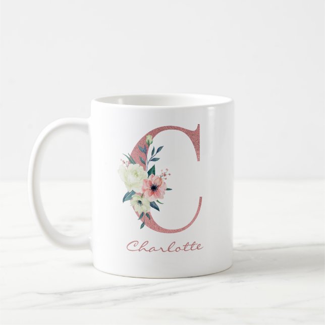 Eleganter Blumenbrief C Pink und Ivory Bouquet Kaffeetasse (Links)