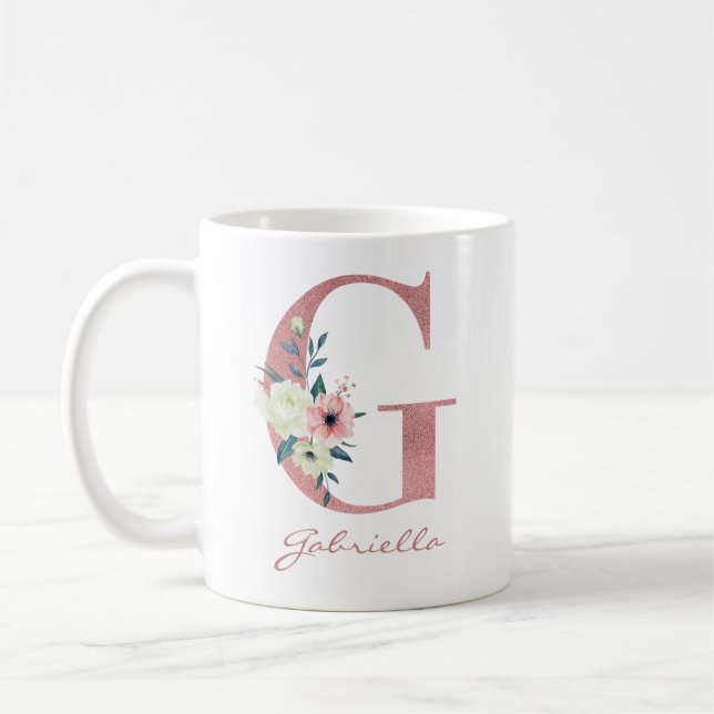 Eleganter Blumenbrief G Pink und Ivory Bouquet Kaffeetasse (Links)