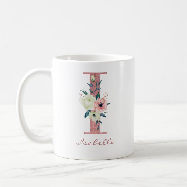 Eleganter Blumenbrief I Pink und Ivory Bouquet Kaffeetasse (Links)