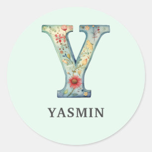 Eleganter Blumencharakter Y Personalisierter Name Runder Aufkleber