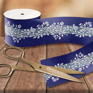 Eleganter Blumendruck Moderne Marine & Dusty Blue Ripsband
