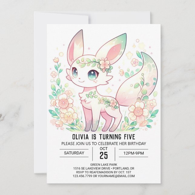 Eleganter Blumenfox Digitaler Geburtstag Einladung (Vorderseite)