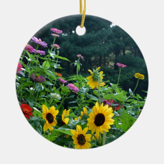 Eleganter Blumengarten Sonnenblumen zinnias daisis Keramik Ornament (Vorne)