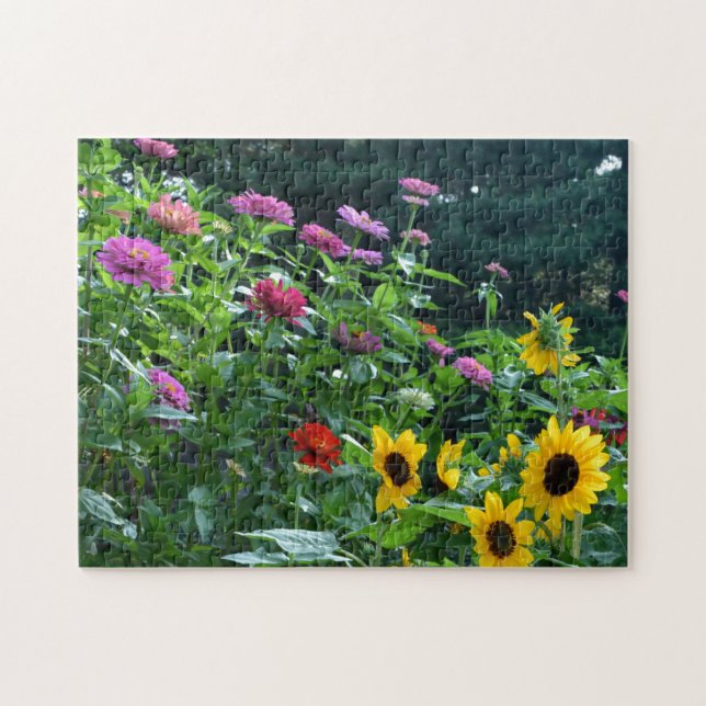 Eleganter Blumengarten Sonnenblumen zinnias daisis Puzzle (Horizontal)