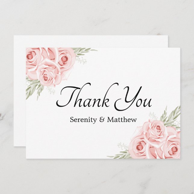 Eleganter Blumengarten Watercolor Rosa Hochzeit Dankeskarte (Vorne/Hinten)