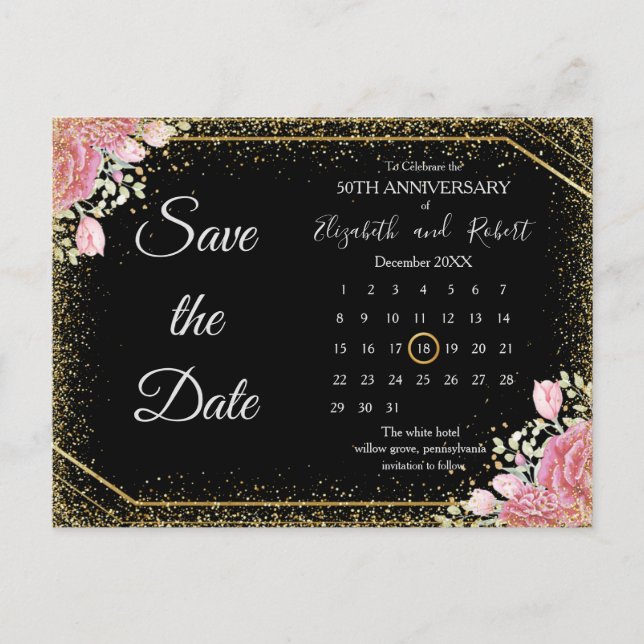 Eleganter Blumengliter-Jubiläum Save the Date Ankündigungspostkarte (Vorderseite)