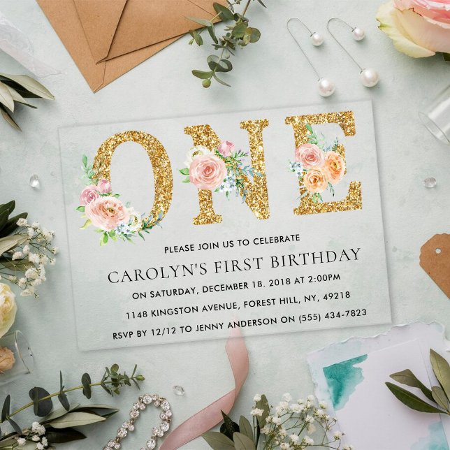 Eleganter Blumengold Glitzer 1. Geburtstag Acryleinladungen (Von Creator hochgeladen)