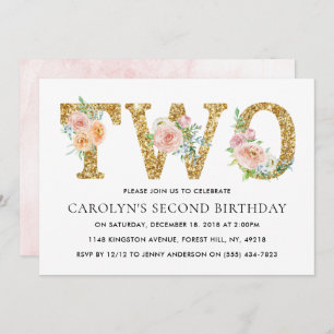 Eleganter Blumengold Glitzer 2. Geburtstag Einladung
