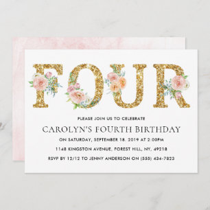 Eleganter Blumengolden Glitzer 4. Geburtstag Einladung