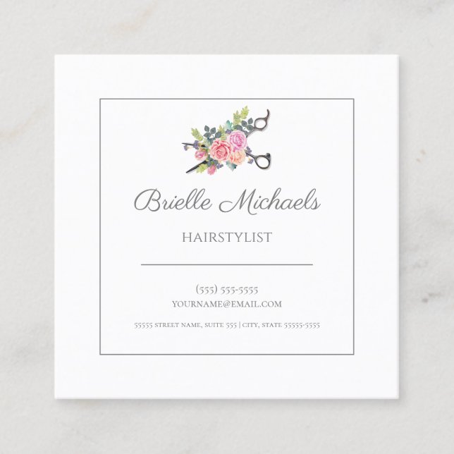 Eleganter Blumenhaarschnitt Scheren Haarstil Quadratische Visitenkarte (Vorderseite)